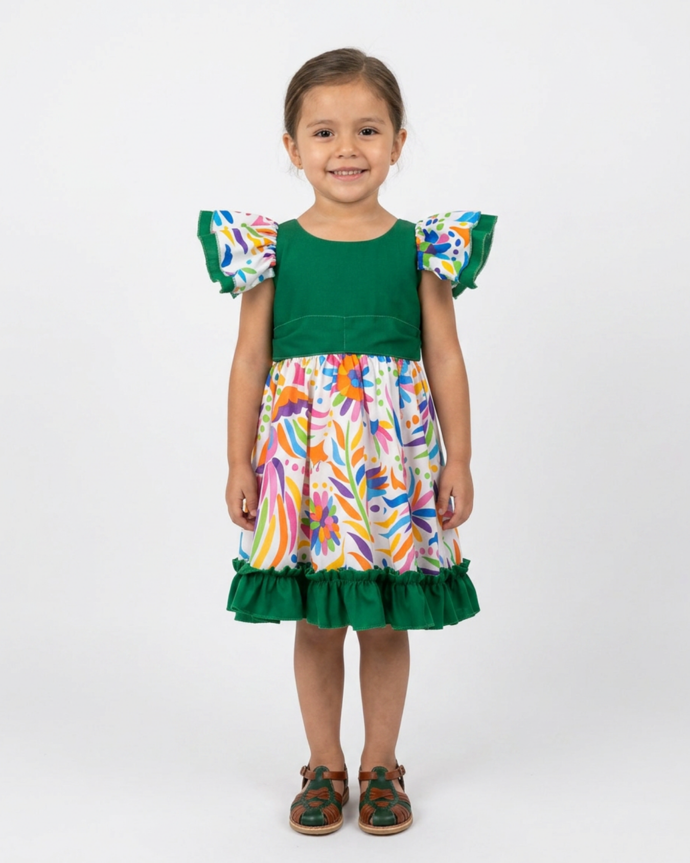 VESTIDO ADELITA TIPICO PATRIO ELEGANTE PETO VERDE BANDERA, FALDA FLORES BLANCA