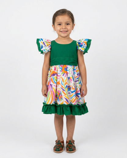 VESTIDO ADELITA TIPICO PATRIO ELEGANTE PETO VERDE BANDERA, FALDA FLORES BLANCA