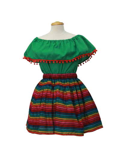 SET PATRIO TUTU CON BLUSA CAMPESINA VERDE POMPON ROJO, FALDA RAYAS CAMAYA