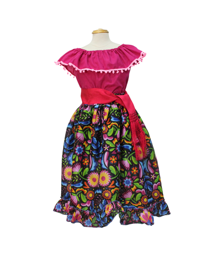 SET FALDA ADELITA FLORES  BLUSA CAMPESINA ROSA POMPON ROSA