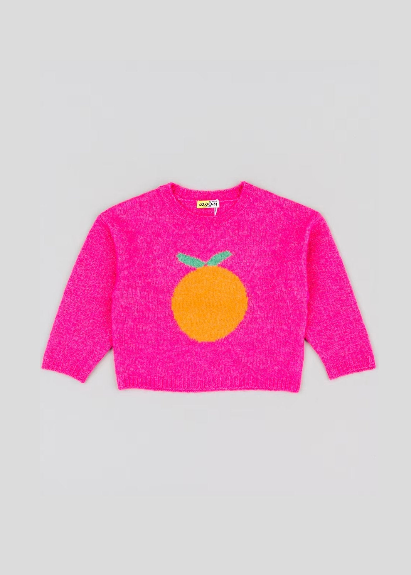 suéter color rosa tejido, print de naranja