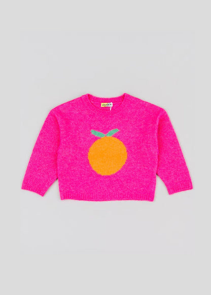 suéter color rosa tejido, print de naranja