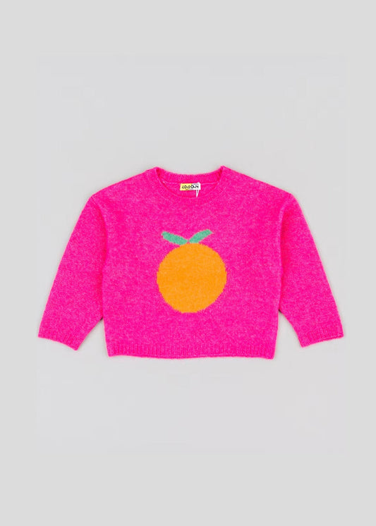 suéter color rosa tejido, print de naranja