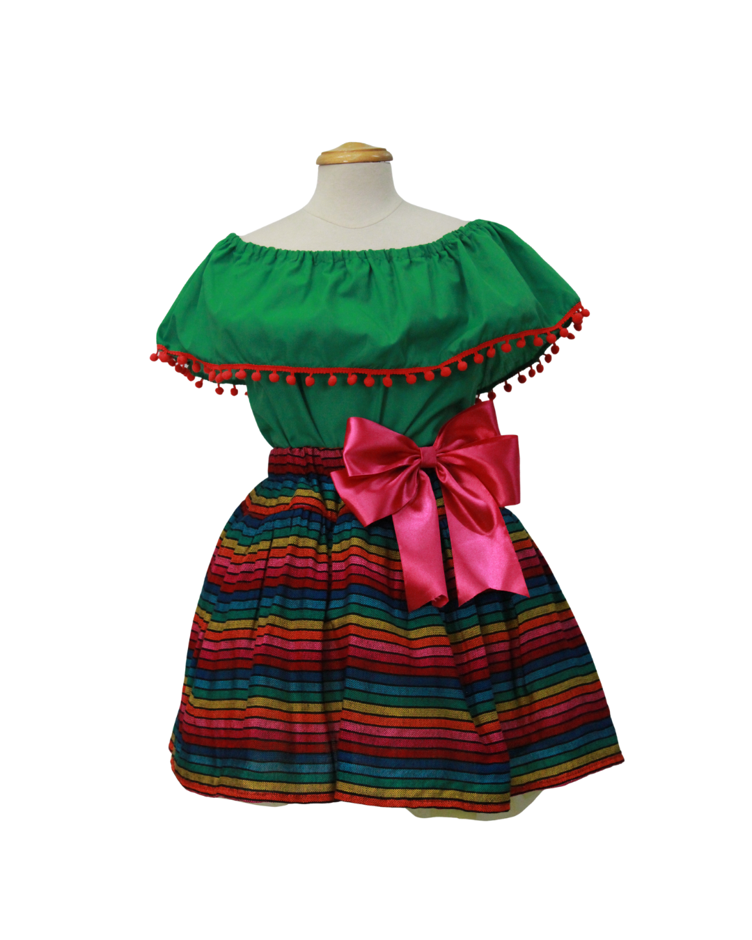 SET PATRIO TUTU CON BLUSA CAMPESINA VERDE POMPON ROJO, FALDA RAYAS CAMAYA