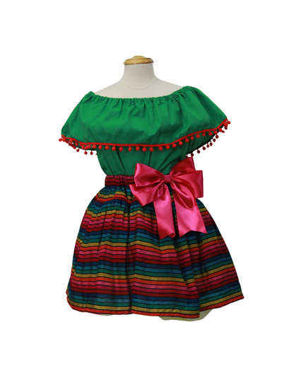 SET PATRIO TUTU CON BLUSA CAMPESINA VERDE POMPON ROJO, FALDA RAYAS CAMAYA