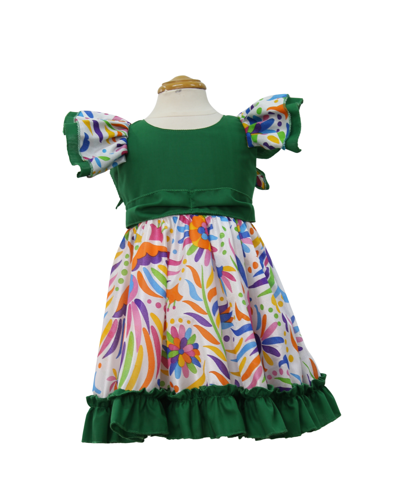 VESTIDO ADELITA TIPICO PATRIO ELEGANTE PETO VERDE BANDERA, FALDA FLORES BLANCA
