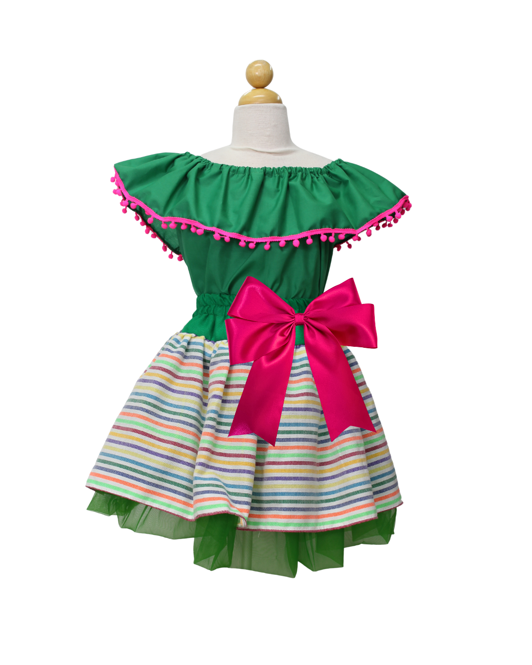 SET PATRIO TUTU CON BLUSA CAMPESINA VERDE POMPON ROSA, FALDA RAYAS