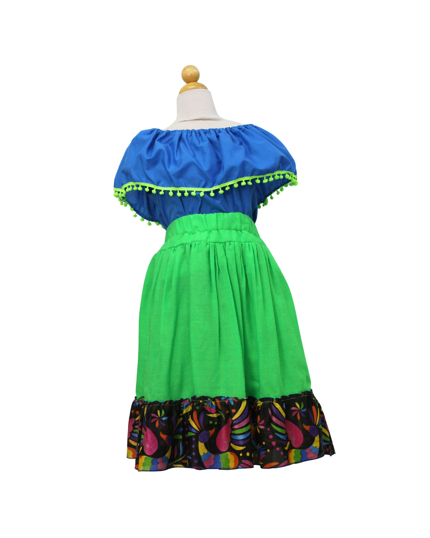 SET FALDA ADELITA VERDE BLUSA CAMPESINA AZUL POMPON VERDE