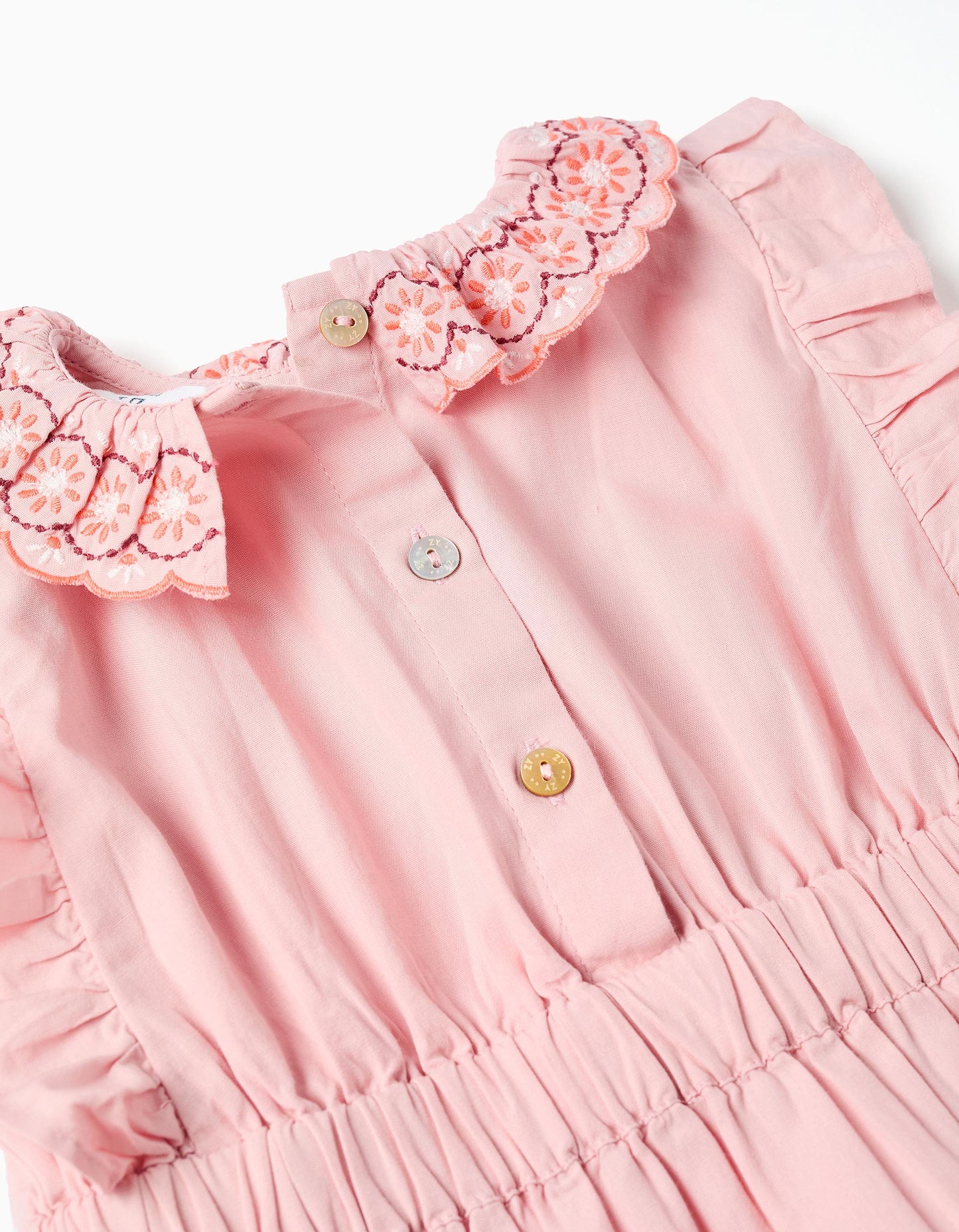 Vestido de popelín con cuello y mangas con volantes rosa para bebé niña