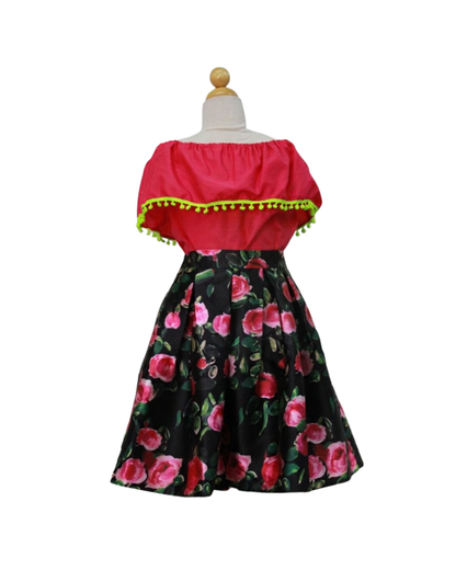 SET PATRIO TUTU CON BLUSA CAMPESINA ROSA POMPON AMARILLO, FALDA FLORES