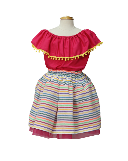 SET PATRIO TUTU CON BLUSA CAMPESINA ROSA POMPON AMARILLO, FALDA RAYAS