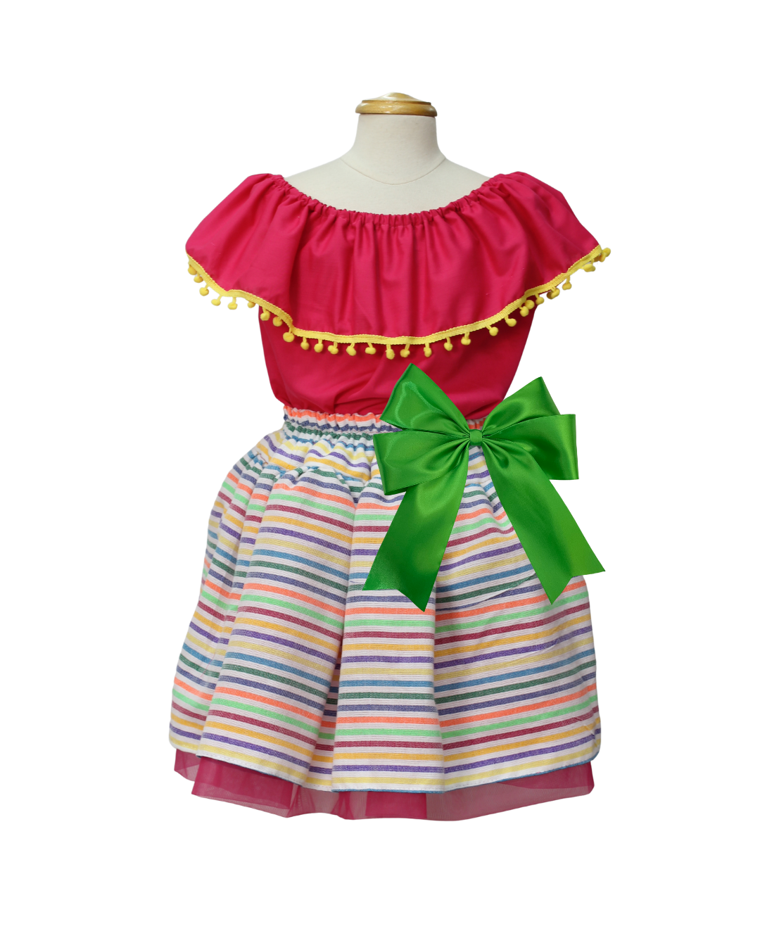 SET PATRIO TUTU CON BLUSA CAMPESINA ROSA POMPON AMARILLO, FALDA RAYAS