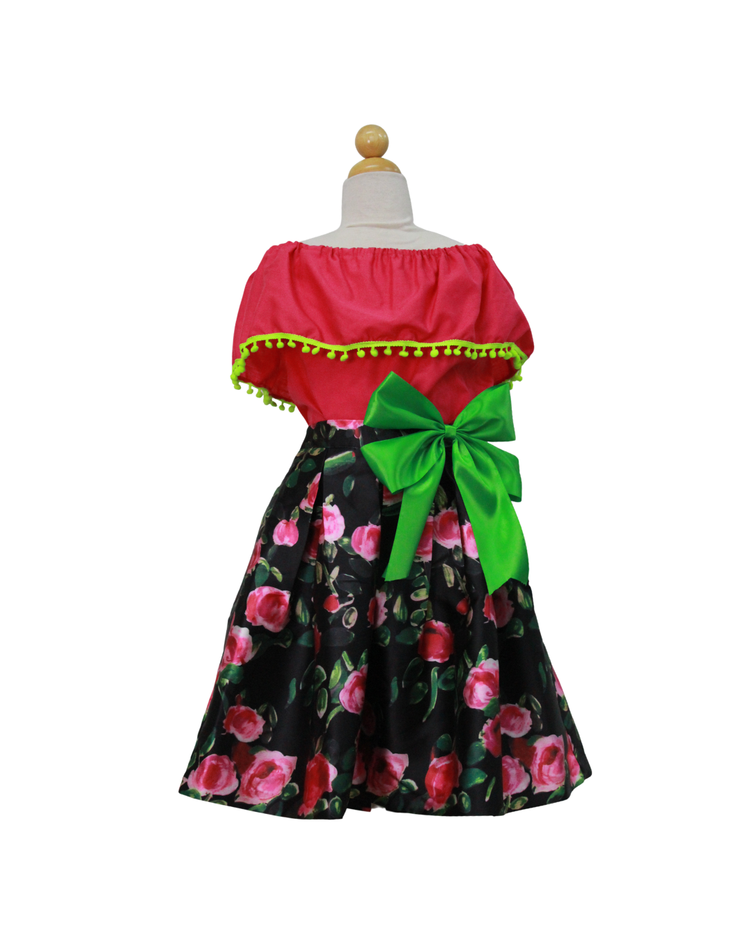 SET PATRIO TUTU CON BLUSA CAMPESINA ROSA POMPON AMARILLO, FALDA FLORES