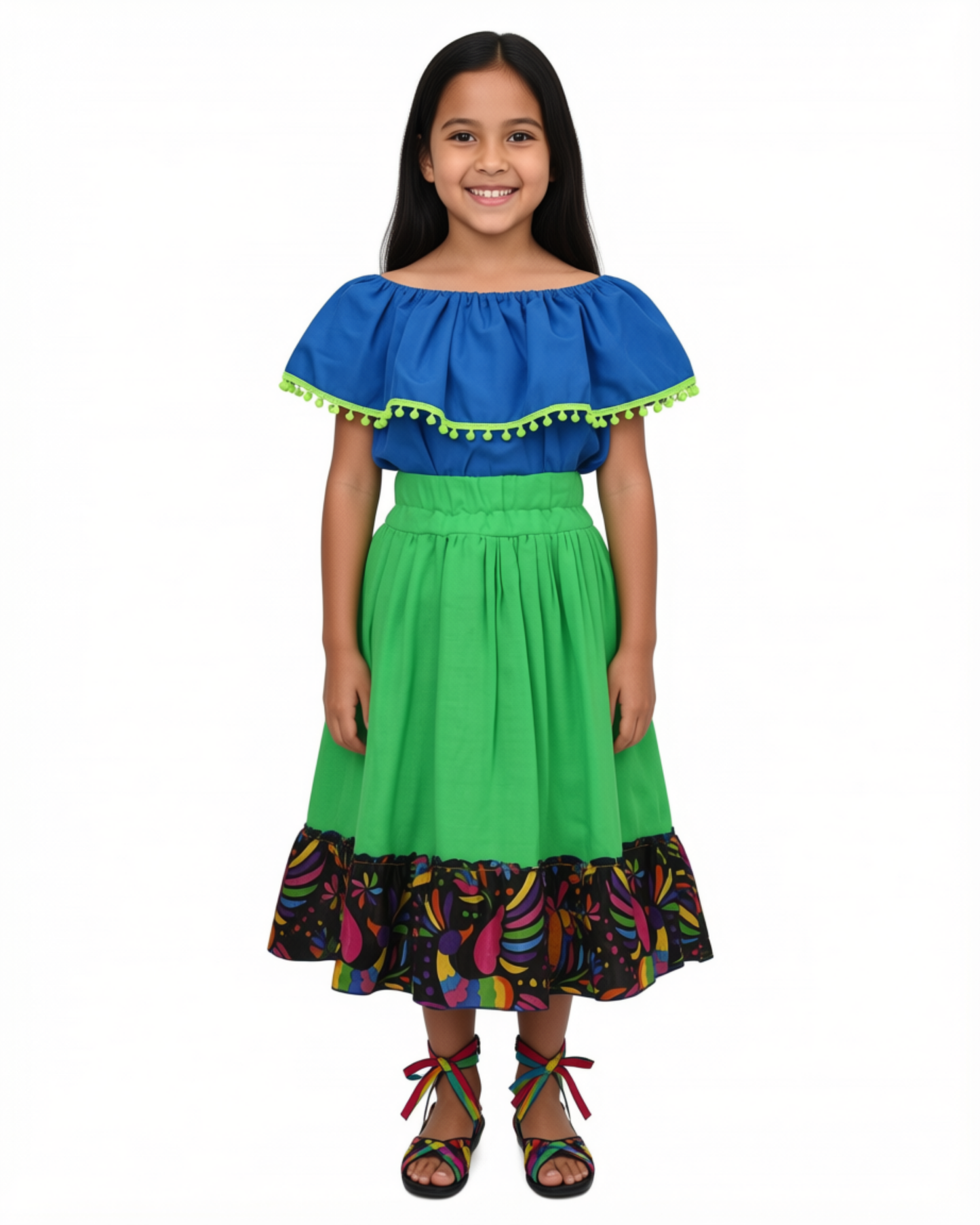 SET FALDA ADELITA VERDE BLUSA CAMPESINA AZUL POMPON VERDE