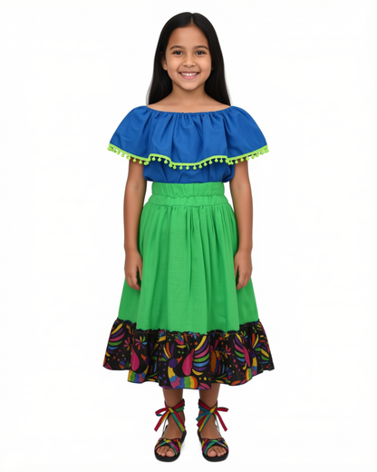 SET FALDA ADELITA VERDE BLUSA CAMPESINA AZUL POMPON VERDE
