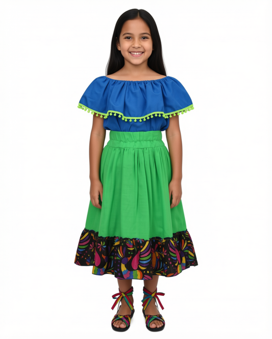 SET FALDA ADELITA VERDE BLUSA CAMPESINA AZUL POMPON VERDE