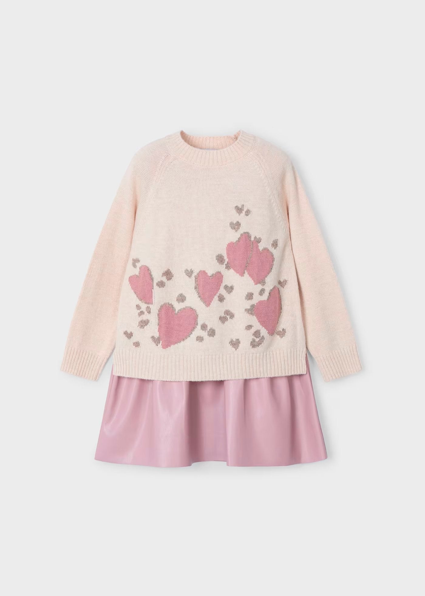 vestido arena corazones con falda rosa polipiel