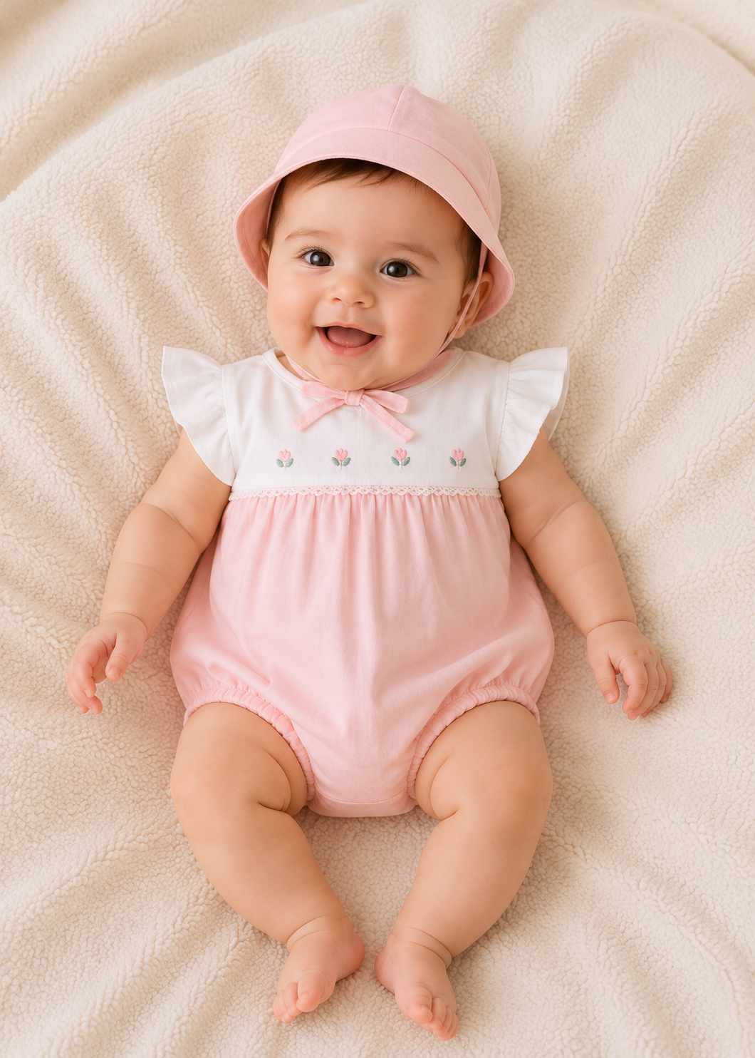 Pelele florecitas con gorro verde rosa baby recien  nacida