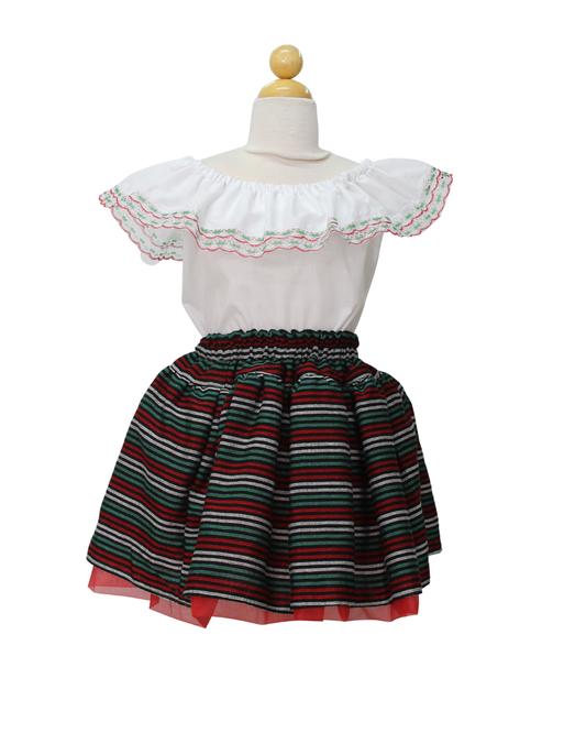 SET PATRIO TUTU CON BLUSA CAMPESINA BLANCA CON ENCAJE TRICOLOR, FALDA RAYAS NEGRA