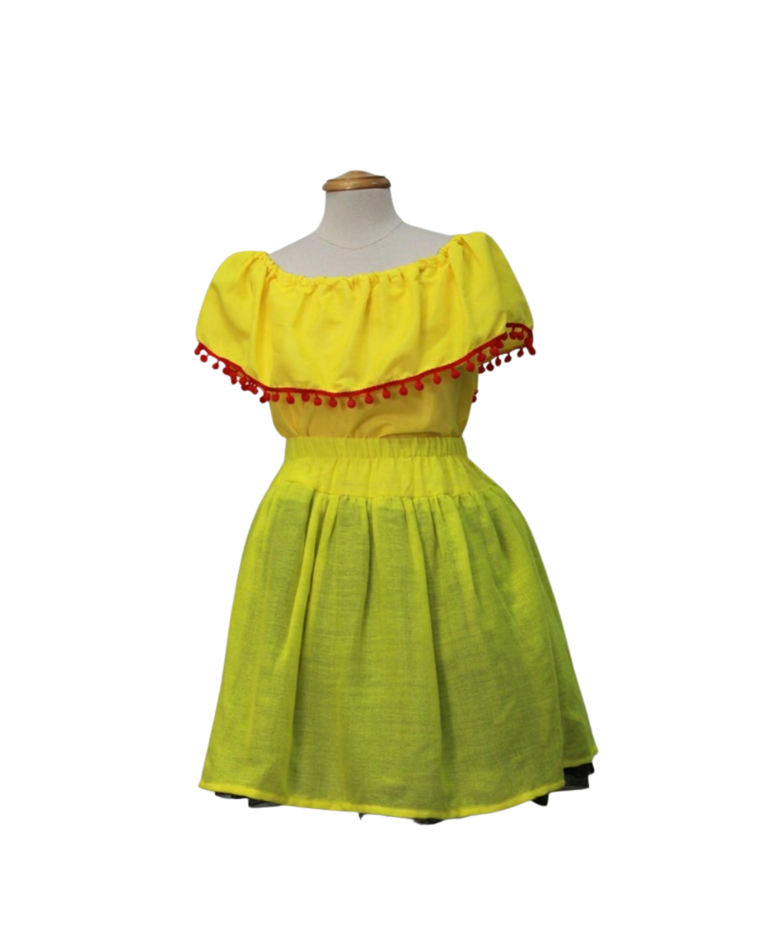 SET PATRIO TUTU CON BLUSA CAMPESINA AMARILLA POMPON ROJO, FALDA AMARILLO CAMBAYA