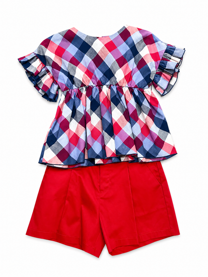 Conjunto Mayoral Blusa a Cuadros y Short Rojo