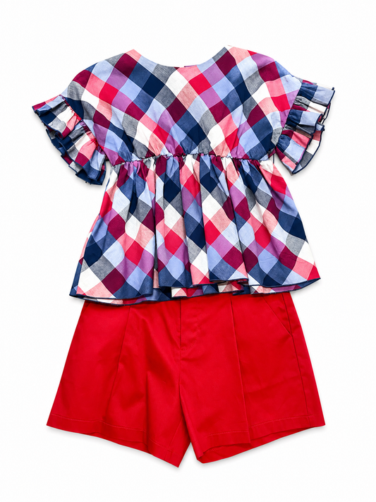 Conjunto Mayoral Blusa a Cuadros y Short Rojo