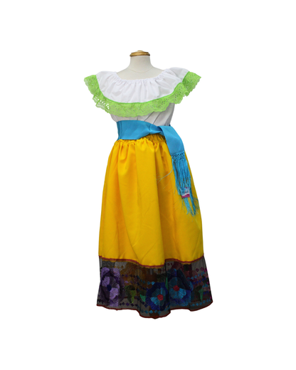 SET FALDA ADELITA AMARILLO CANARIO BLUSA MANGA CAMPESINA ENCAJE VERDE