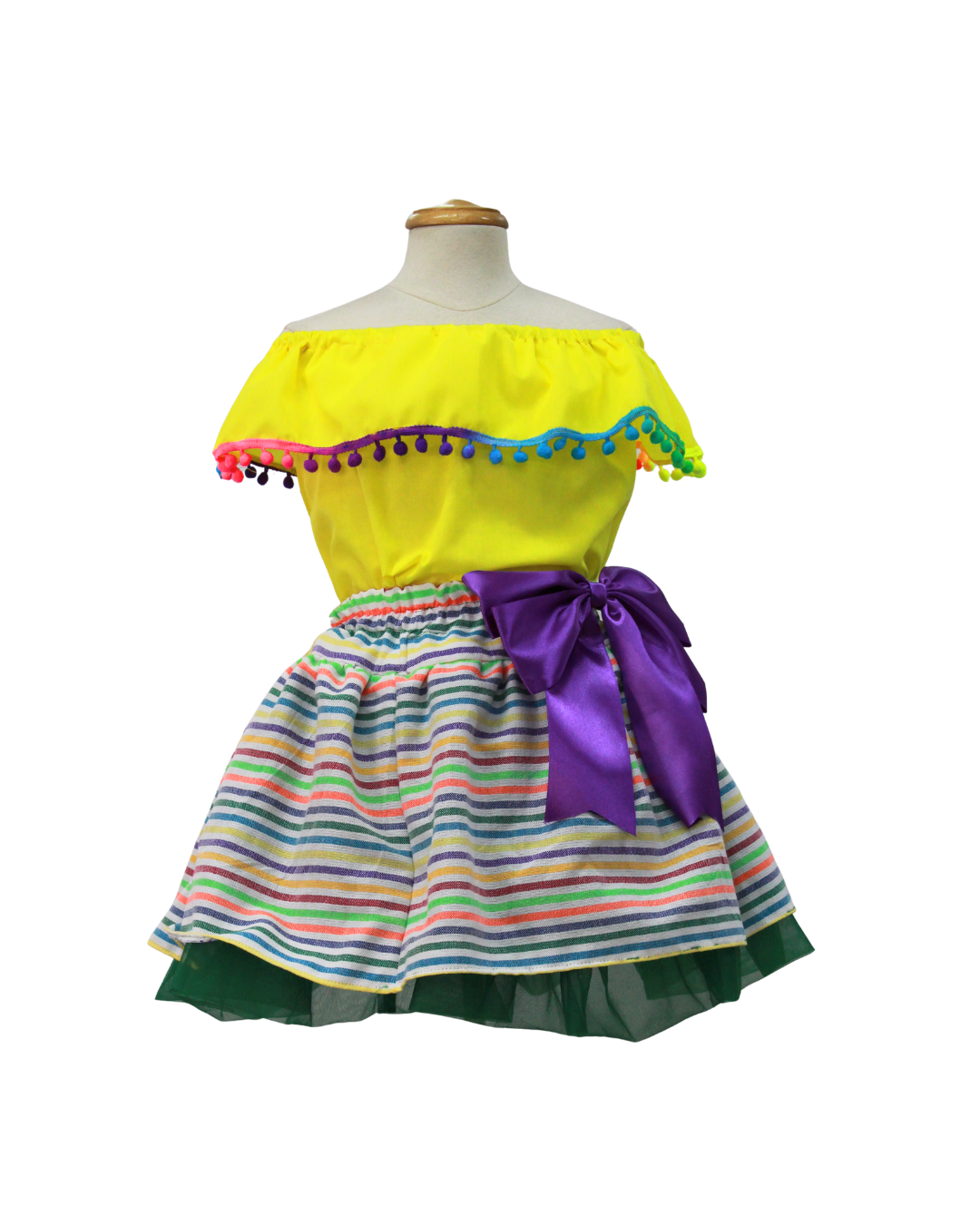 SET PATRIO TUTU CON BLUSA CAMPESINA AMARILLA POMPON ARCOIRIS, FALDA RAYAS
