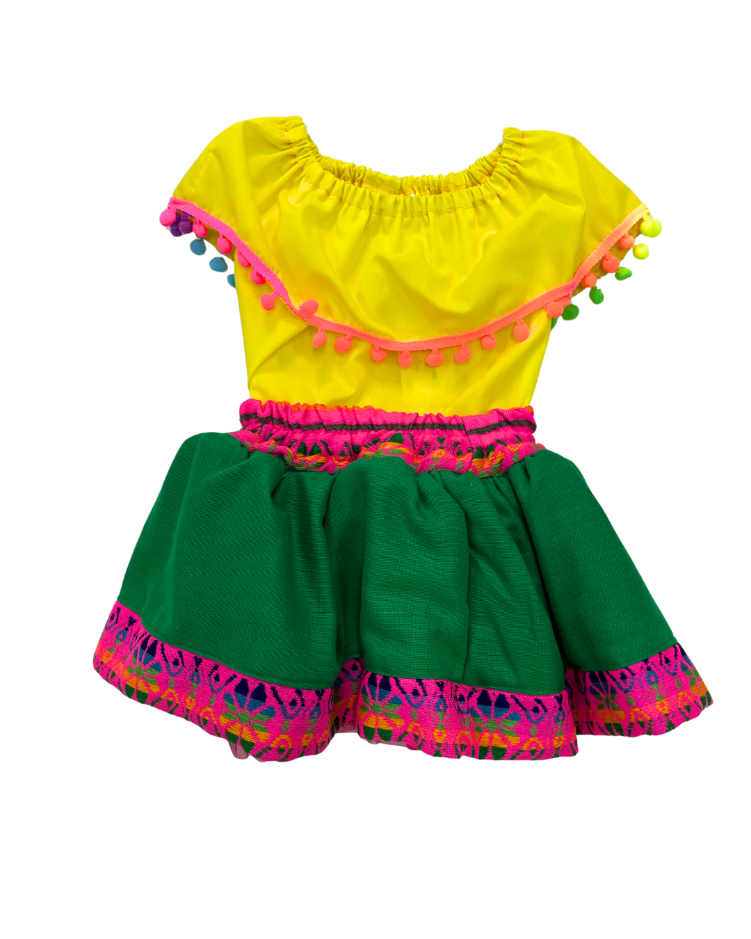 SET PATRIO TUTU CON BLUSA CAMPESINA AMARILLA POMPON ARCOIRIS, FALDA CAMBAYA VERDE