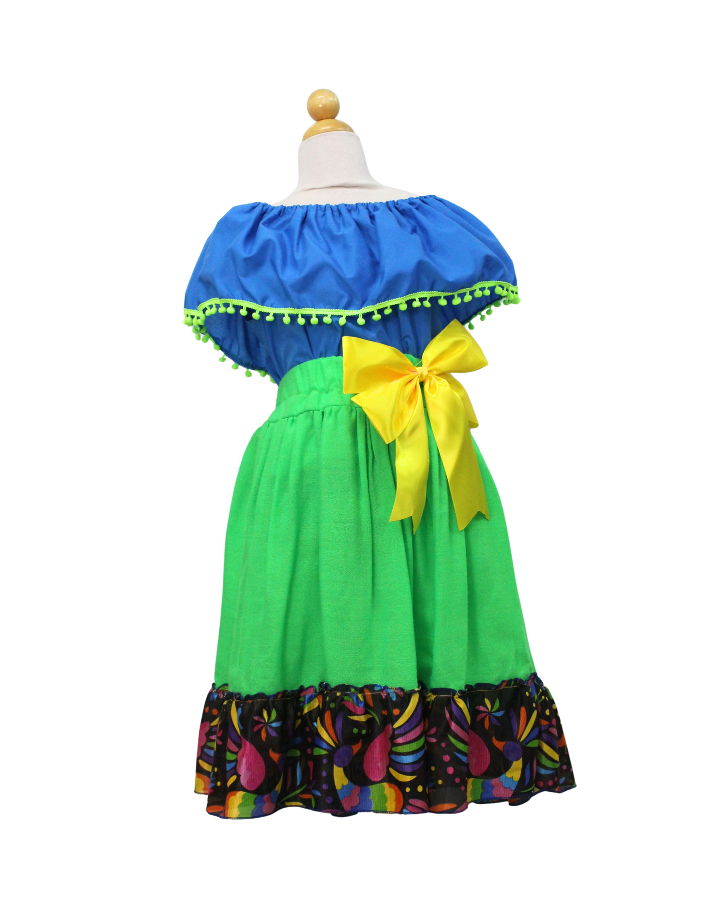 SET FALDA ADELITA VERDE BLUSA CAMPESINA AZUL POMPON VERDE