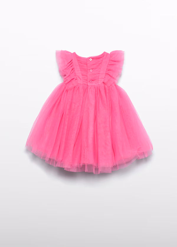 Vestido Tul Volantes Rosa Chicle