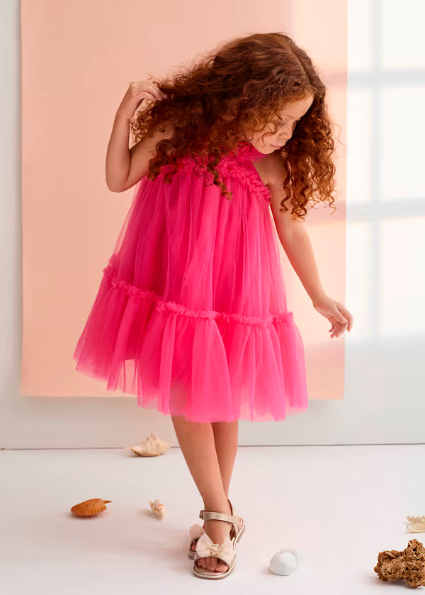 Vestido Tul Volantes Fucsia