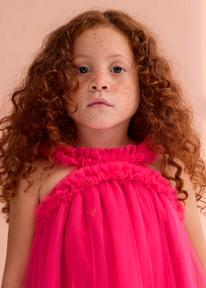 Vestido Tul Volantes Fucsia