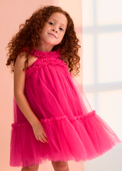 Vestido Tul Volantes Fucsia