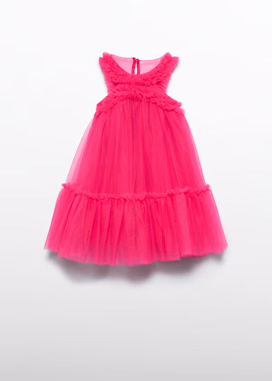 Vestido Tul Volantes Fucsia