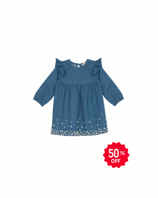 Vestido Mezclilla manga larga perlas