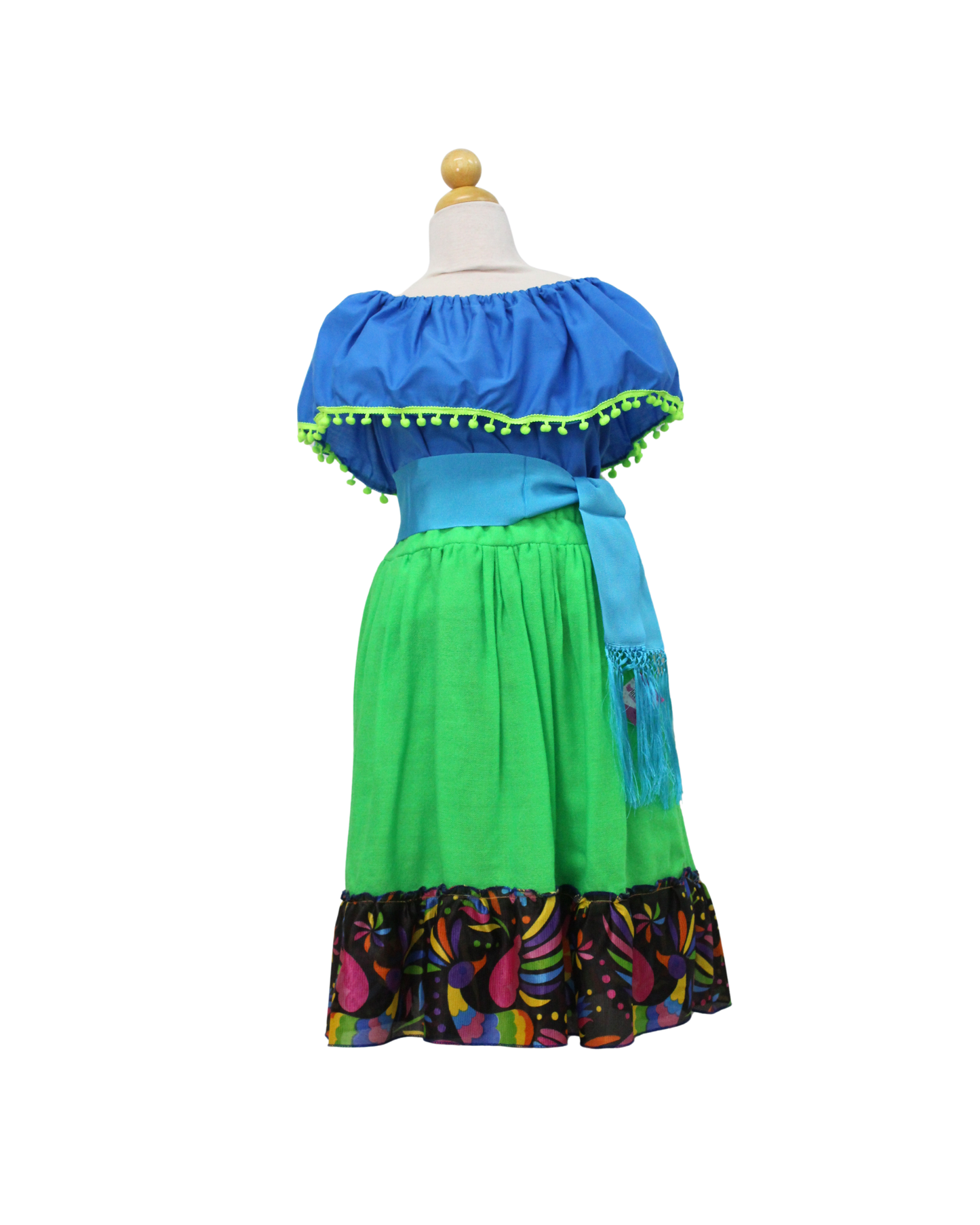 SET FALDA ADELITA VERDE BLUSA CAMPESINA AZUL POMPON VERDE