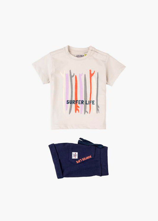 conjunto camiseta color crudo short azul