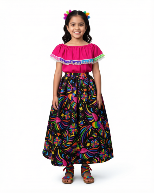 SET FALDA ADELITA COLORES BLUSA CAMPESINA ROSA ENCAJE Y POMPON