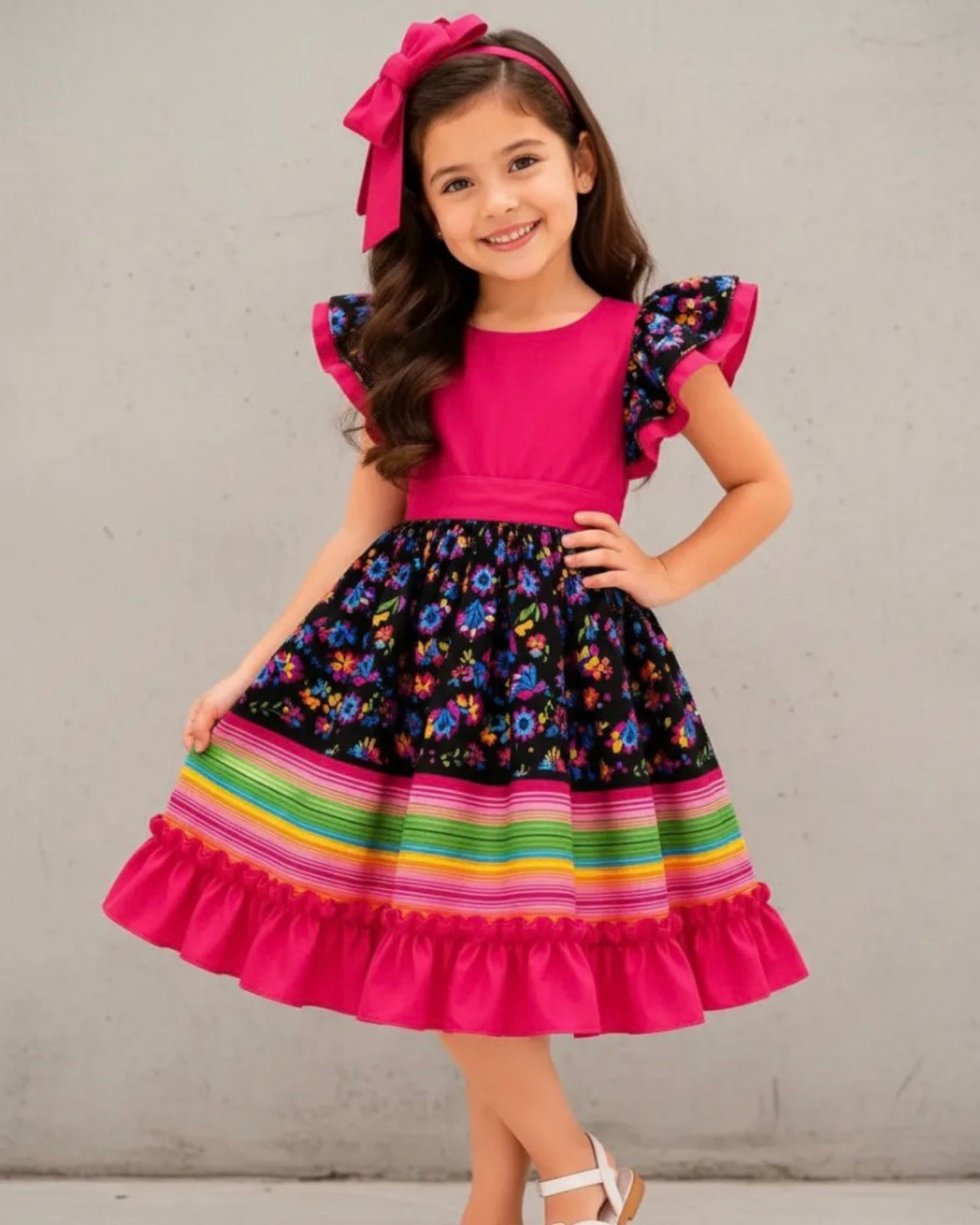 VESTIDO ADELITA TIPICO PATRIO ELEGANTE PETO ROSA, FALDA FLORES Y LINEAS