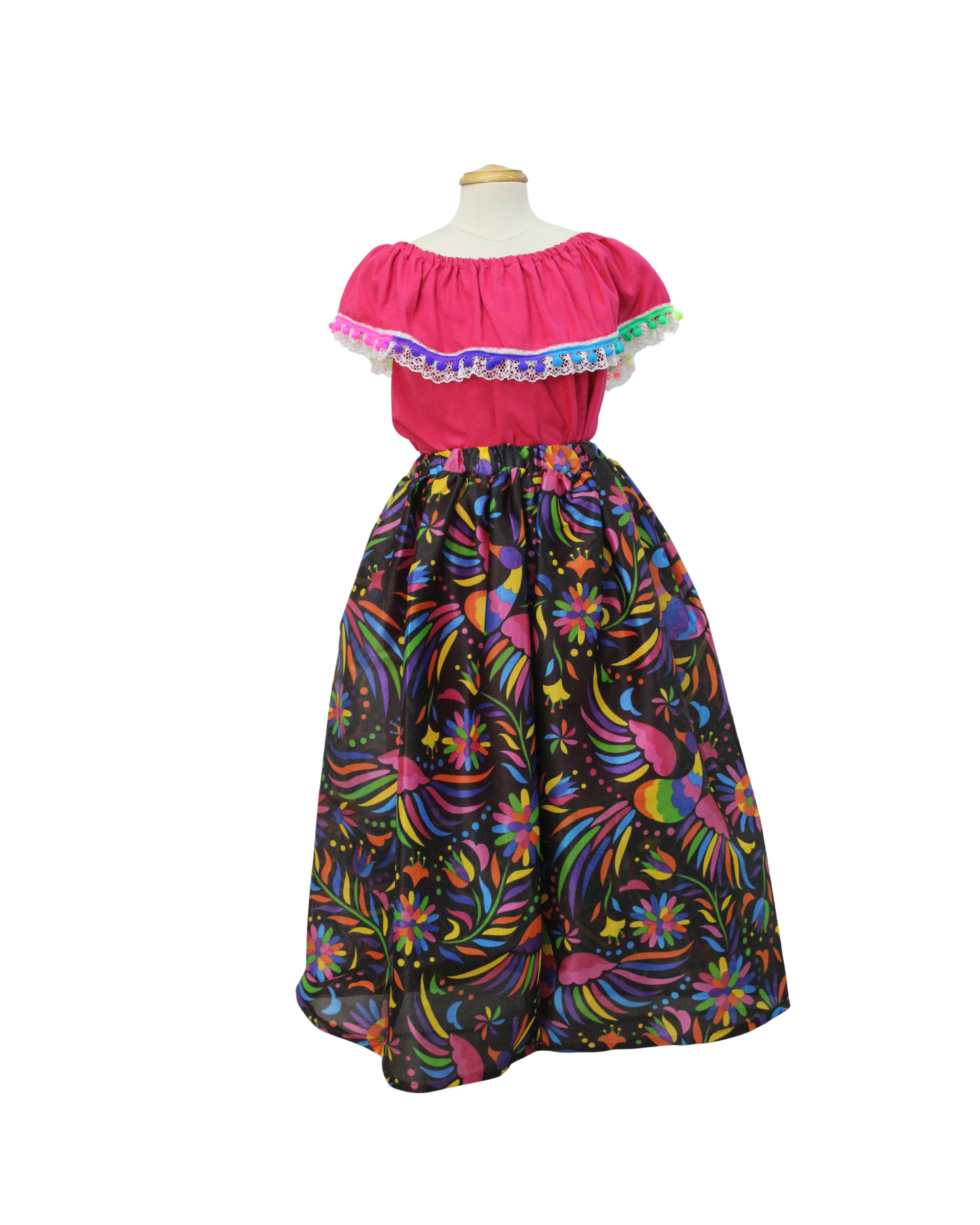 SET FALDA ADELITA COLORES BLUSA CAMPESINA ROSA ENCAJE Y POMPON