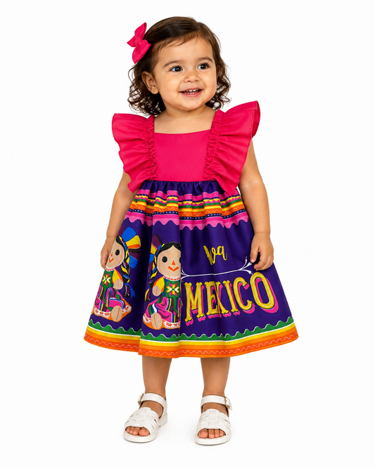 VESTIDO ADELITA TIPICO PATRIO ELEGANTE PETO ROSA, FALDA MORADA MUÑECAS
