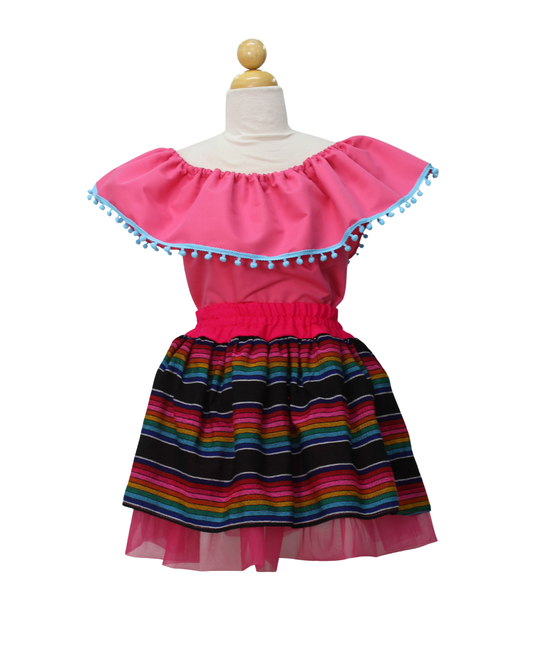 SET PATRIO TUTU CON BLUSA CAMPESINA ROSA CON POMPON AZUL, FALDA RAYAS NEGRA