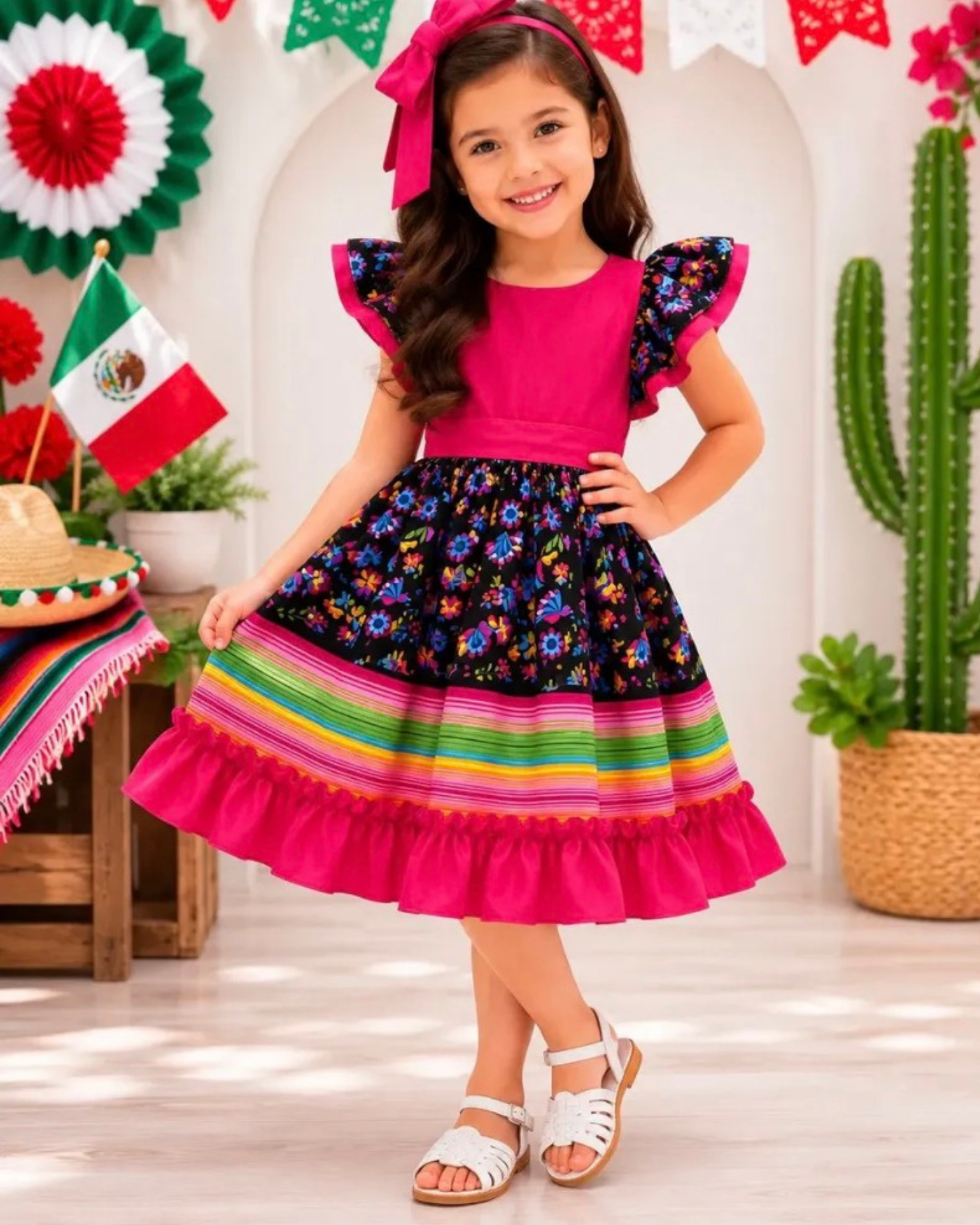 VESTIDO ADELITA TIPICO PATRIO ELEGANTE PETO ROSA, FALDA FLORES Y LINEAS