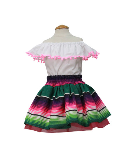 SET PATRIO TUTU CON BLUSA CAMPESINA BLANCA POMPON ROSA, FALDA RAYAS