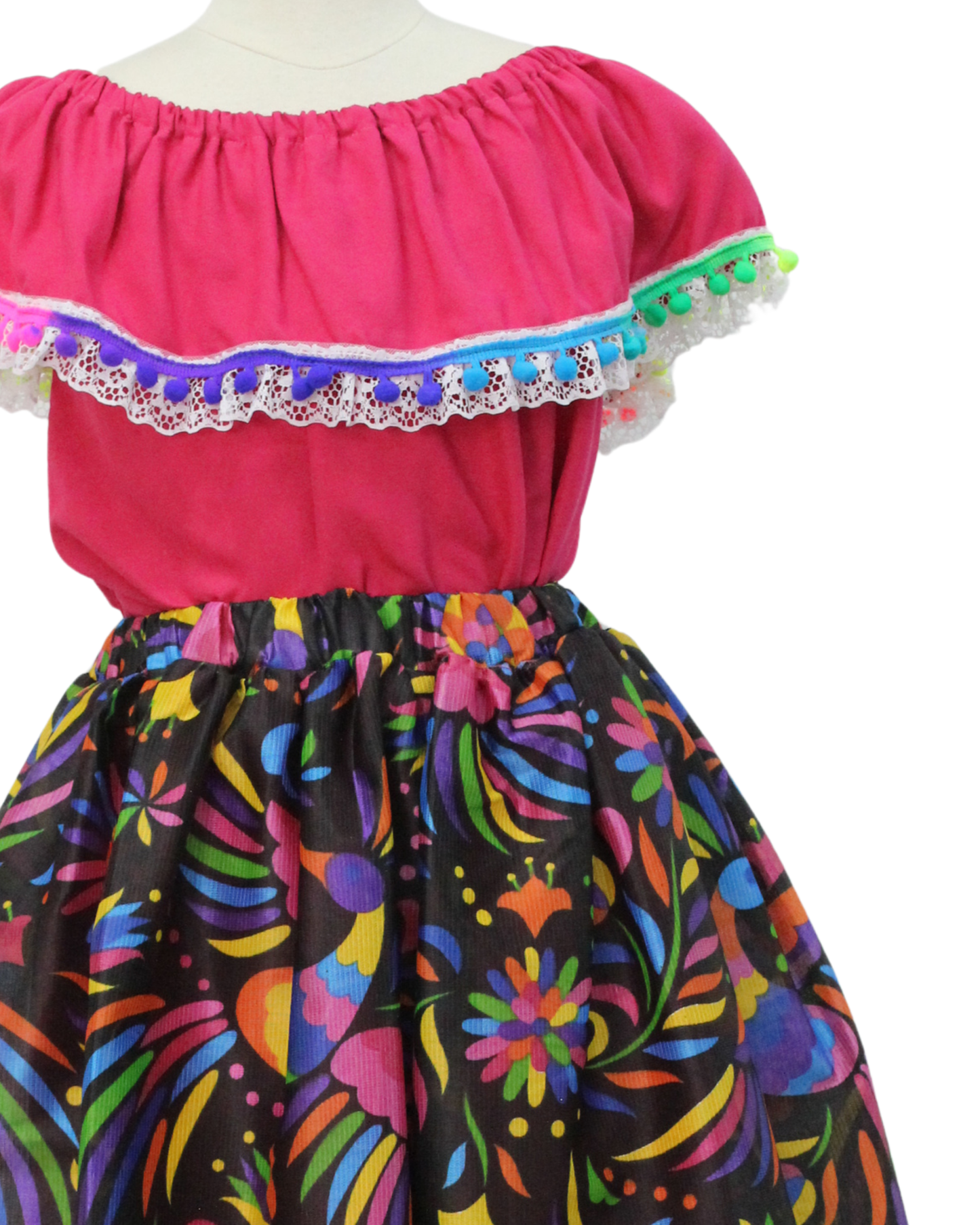 SET FALDA ADELITA COLORES BLUSA CAMPESINA ROSA ENCAJE Y POMPON