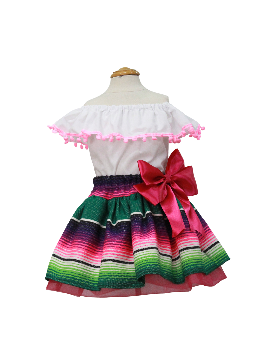 SET PATRIO TUTU CON BLUSA CAMPESINA BLANCA POMPON ROSA, FALDA RAYAS