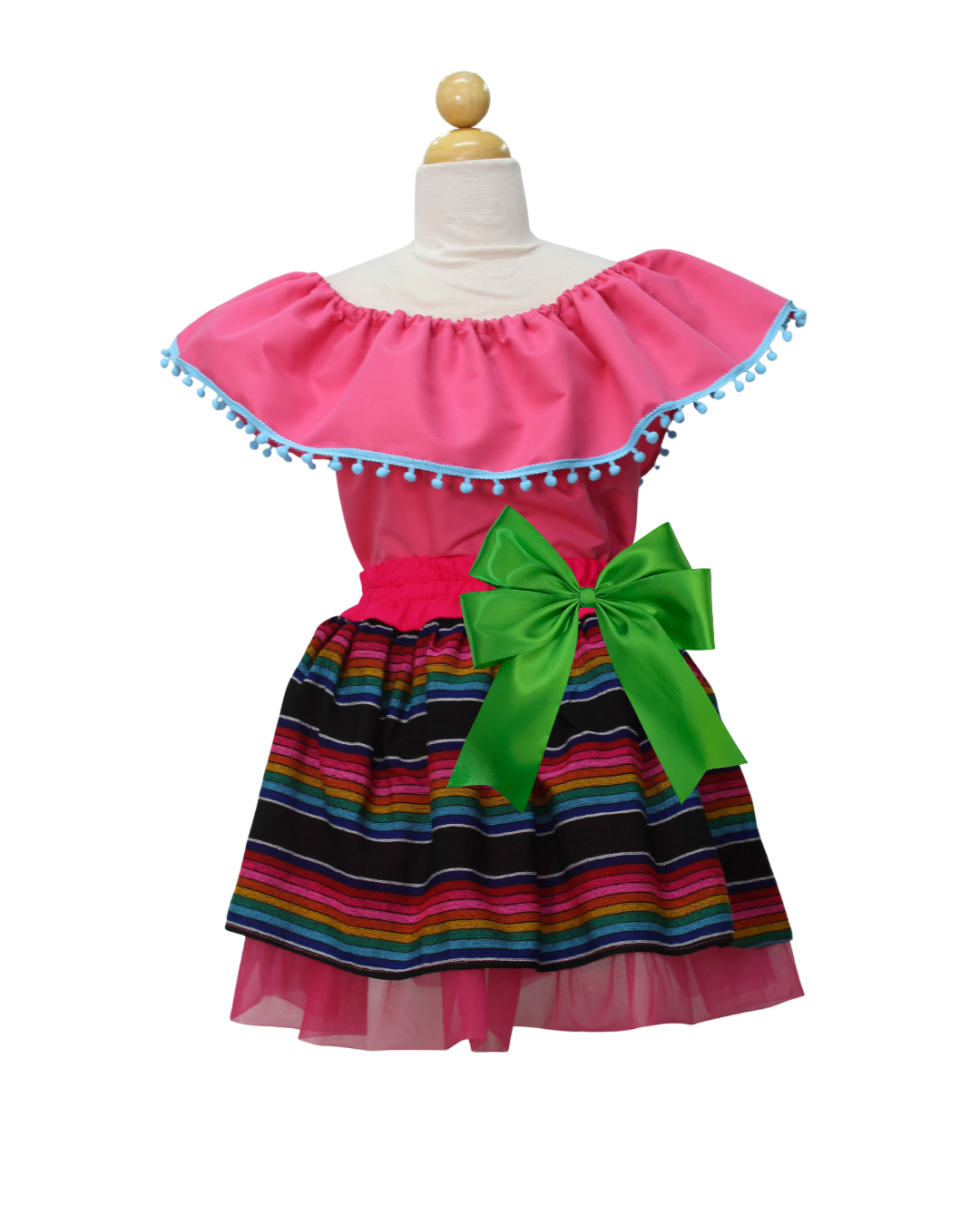 SET PATRIO TUTU CON BLUSA CAMPESINA ROSA CON POMPON AZUL, FALDA RAYAS NEGRA