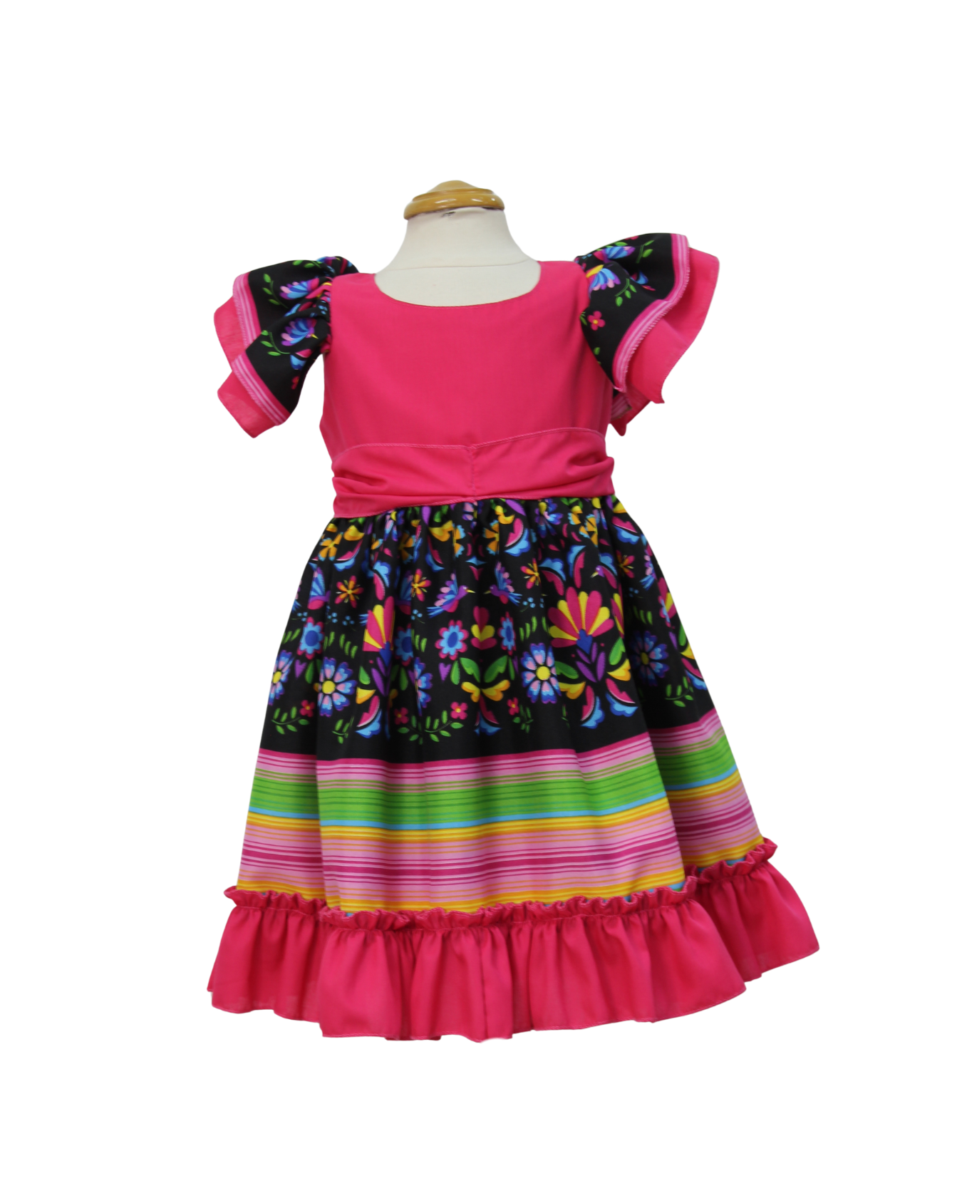 VESTIDO ADELITA TIPICO PATRIO ELEGANTE PETO ROSA, FALDA FLORES Y LINEAS