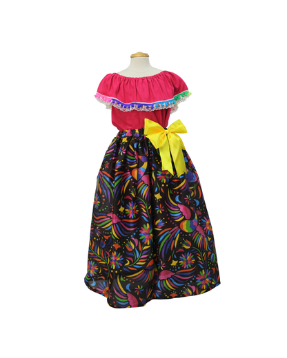 SET FALDA ADELITA COLORES BLUSA CAMPESINA ROSA ENCAJE Y POMPON